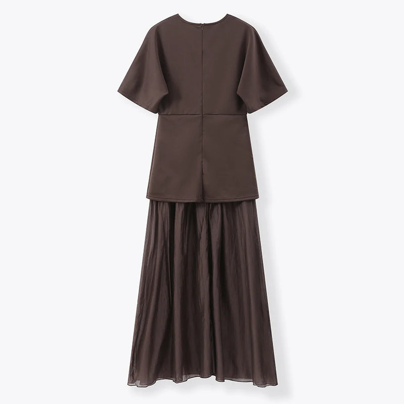 2025 Chic Splicing Brown Half Sleeve Maxi Dress Women's Casual Pleated A-line Slim Vestidos Female Office Commute Street Robes