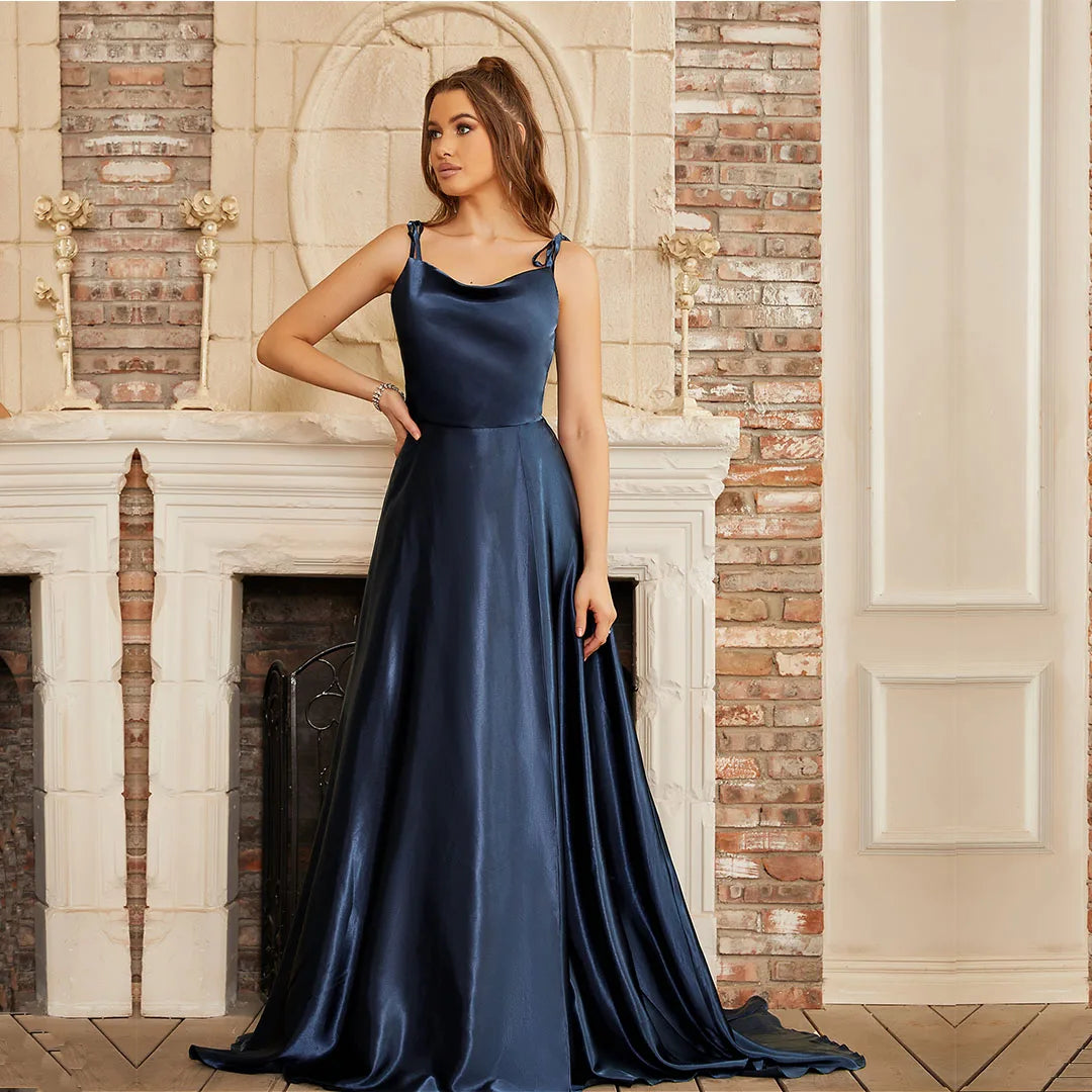 BABYONLINE Simple In Stock Soft Sliky Satin Bridesmaid Dresses Cowl Neck Tieing Thin Straps Leg Slit and Flowing A-line Dress