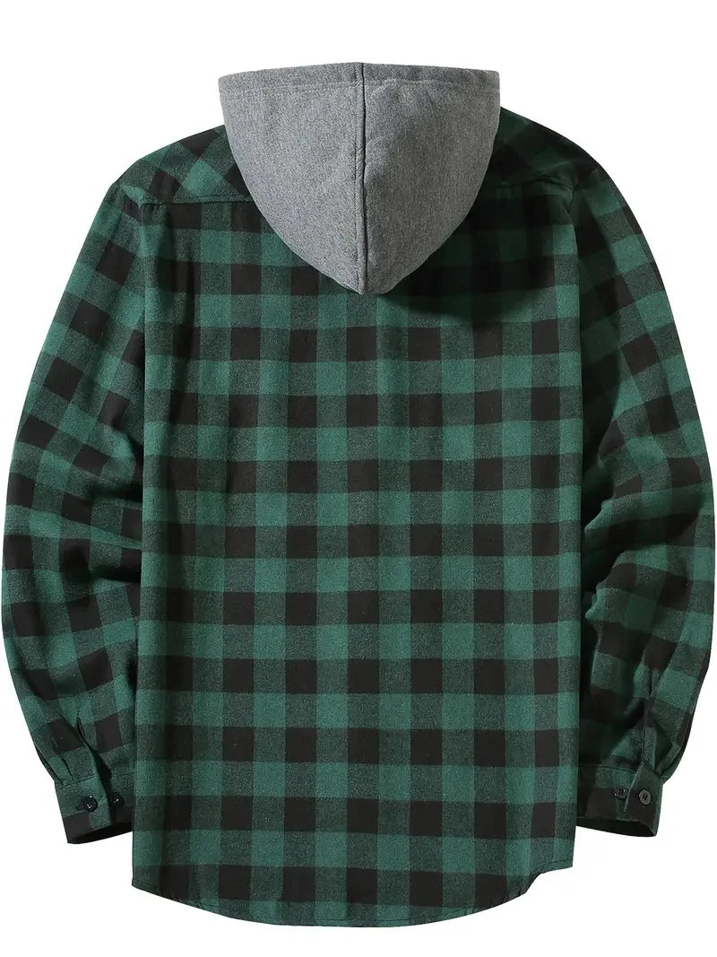 Youth Fashion Street Hooded Plaid Shirt Men's Slim Fit Long Sleeved Shirt Couple Travel Casual Shirt Men's Sports Shirt Jacket
