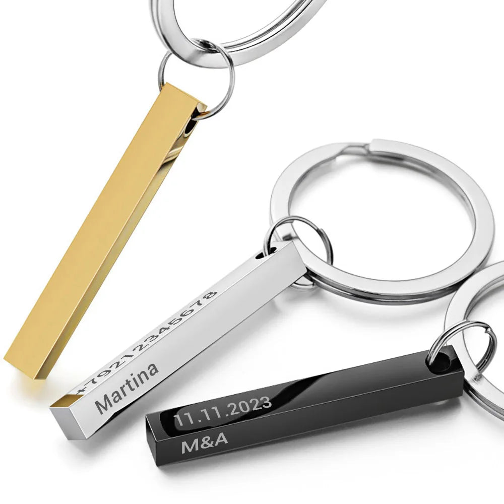 3D Bar Stainless Steel Personalize Keychains Engrave Text Name Date Logo Keyrings Customized Key Chain Rings Christmas Gift P039