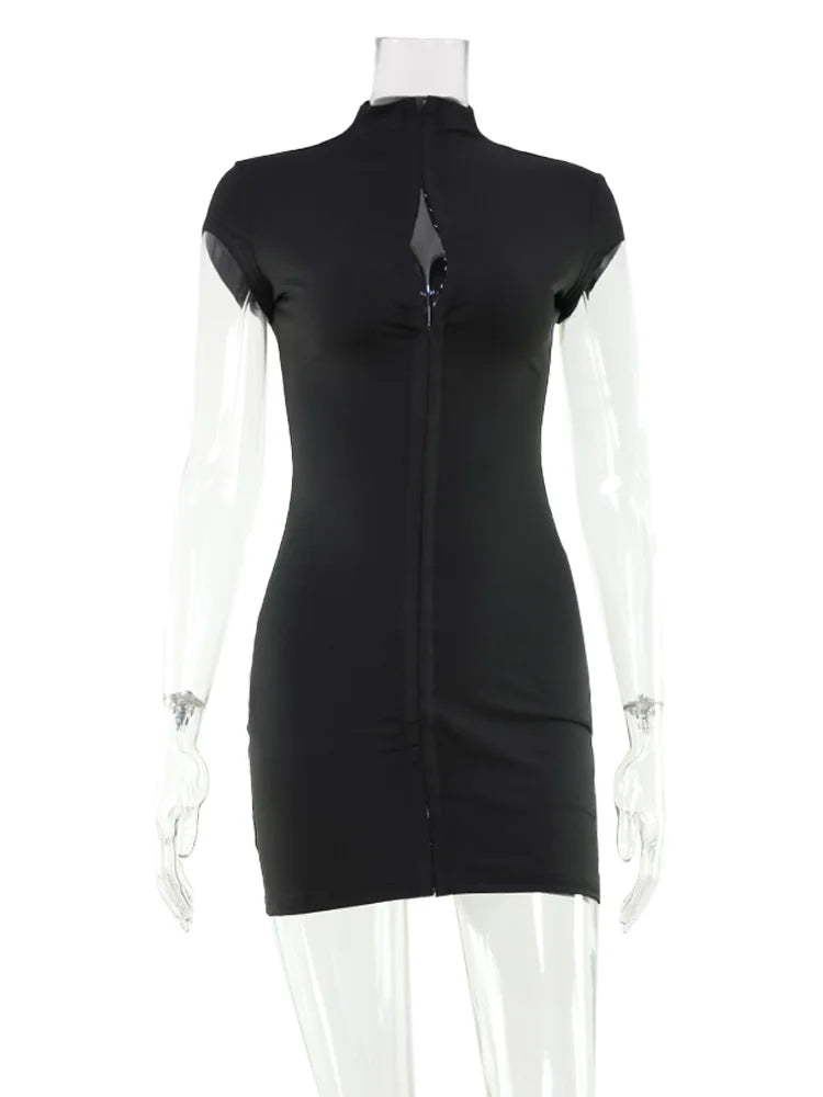 CNYISHE Solid Butoon High Collar Short Sleeve Women Dresses Sheath Trendy Chic Sexy Club Hot Girl Hip Wrap Outfits Female Skinny