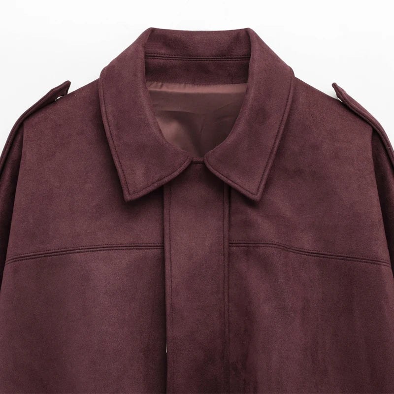 HXAO Women's Bomber Jacket Lapel Long Sleeve Zipper Suede Jacket Women 2025 High Street Cropped Racing Jackets Coats Outerwears