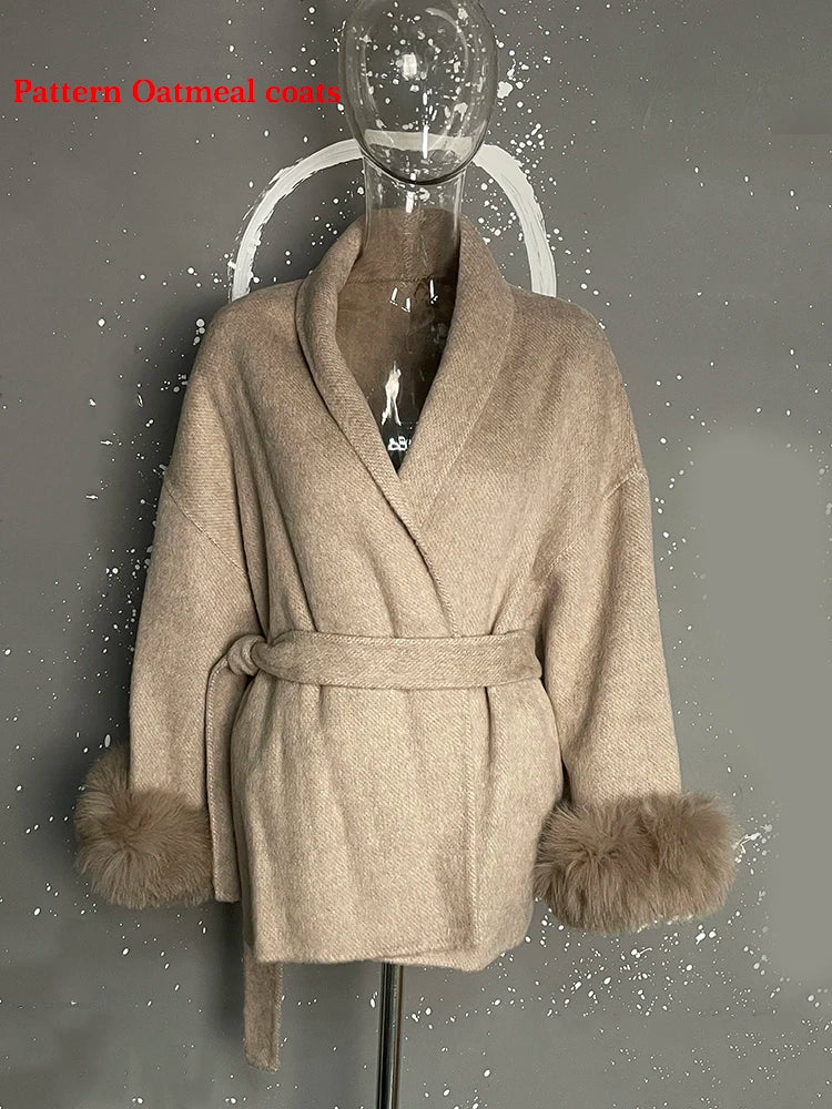 UCXQ Elegant OL Office Lady Overcoats Fur Patchwork Long Sleeve Woolen Coat Beautiful Women's Clothing Jacket Autumn 2025 Winter