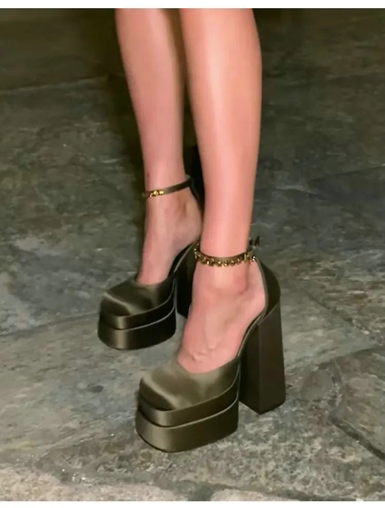 High Heels Women 2025 New Fashion Show 15cm Personality Super High Heel Waterproof Square Head Black Silk Runway Shoes