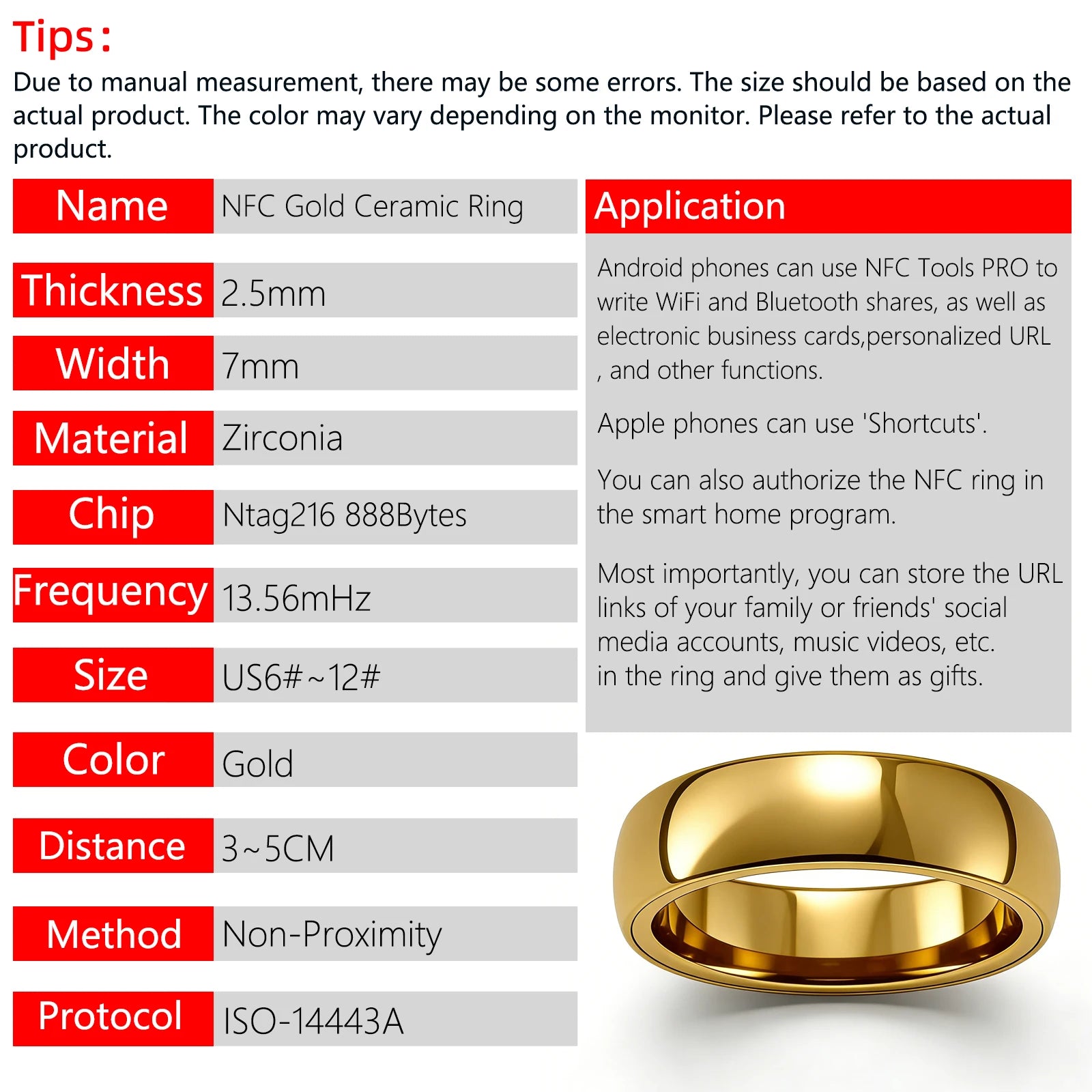 Ntag216 NFC Gold Ceramic Ring, Programmable 888 bytes Smart Accessory for Personalized URL Storage, Supports IOS or Android