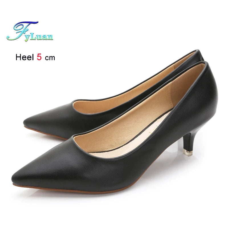 Black Med Heels 5cm Women Shoes Thin Heels Pointed Shallow Mouth Ladies Pumps Ten Colours Microfiber Stiletto Shiny Dating Shoes
