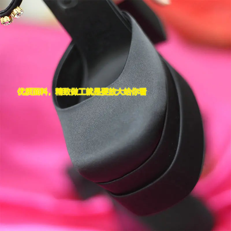 High Heels Women 2025 New Fashion Show 15cm Personality Super High Heel Waterproof Square Head Black Silk Runway Shoes
