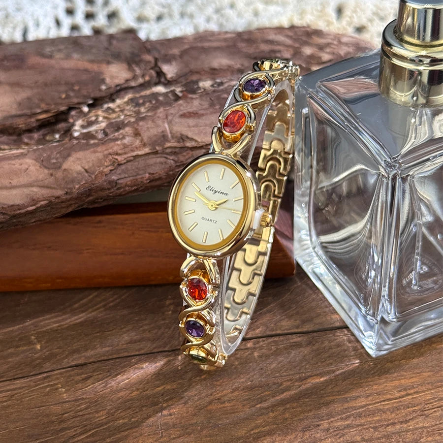 Elegant Lady's Retro round Color Gem Rainbow Quartz Watch with Chain Scale French Luxury Fashionable Ladies' Timepiece