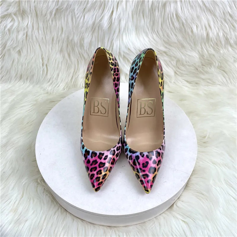 Fashion Leopard Print 8cm 10cm 12cm Pumps Women Pointed Toe Stiletto Sexy Celebrity Night Club Party High Heel Shoes Large Size