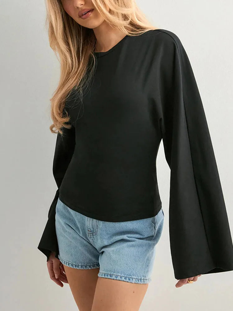 Women's Long Sleeve O-Neck Skinny T-Shirt Monochromatic Crop Top Casual Y2K Streetwear Fashion Pullover Summer Outfit