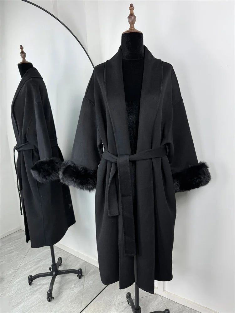 Tossy Fox Fur Wool Overcoat Women's Short Coat Office Lady Elegant Double-sided Woolen Coat 2025 New Cardigan Jackets Loose Wool