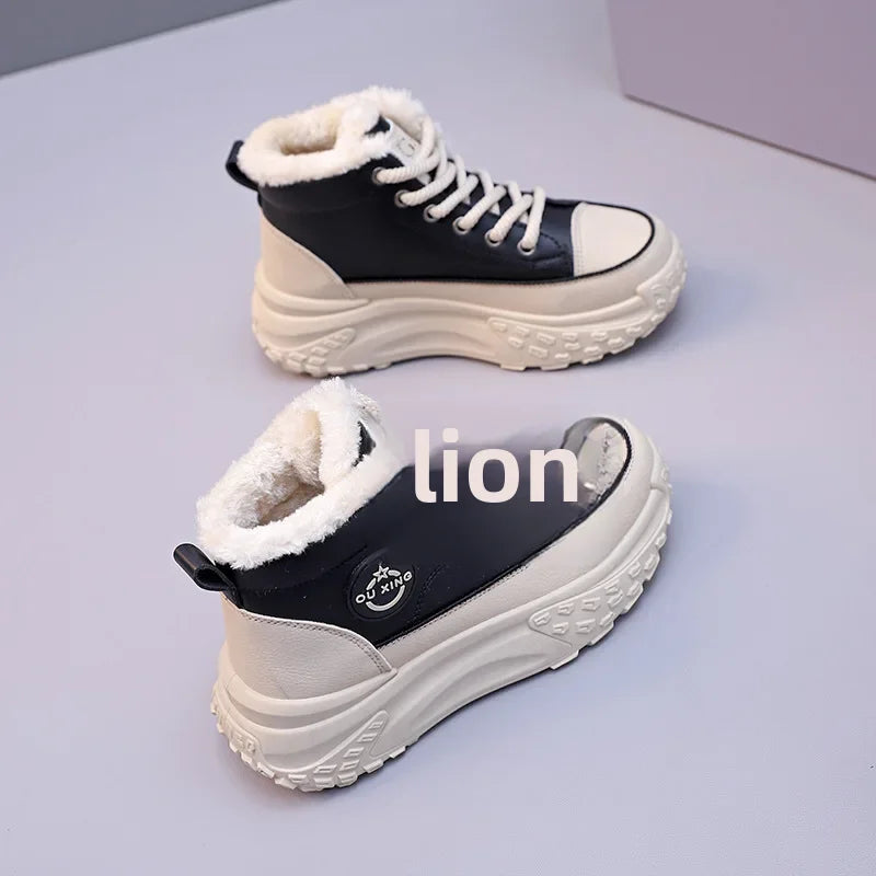 Women's Winter 2023 New Style Flat Boots Fleece Lined Thickened Warm Cotton Shoes High Top Little White Shoes Hx-q037