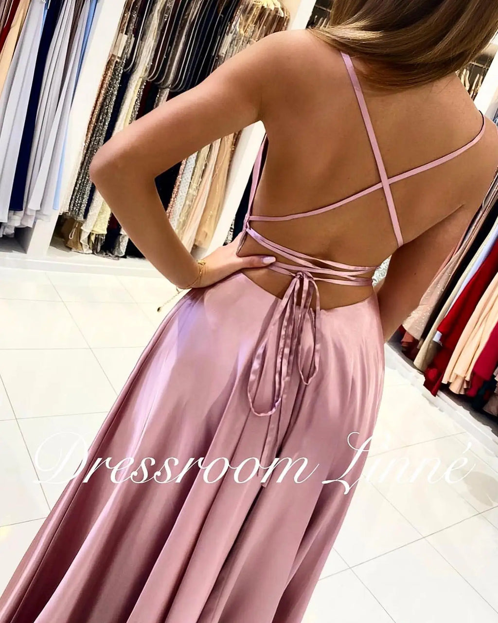 BABYONLINE Simple In Stock Soft Sliky Satin Bridesmaid Dresses Cowl Neck Tieing Thin Straps Leg Slit and Flowing A-line Dress