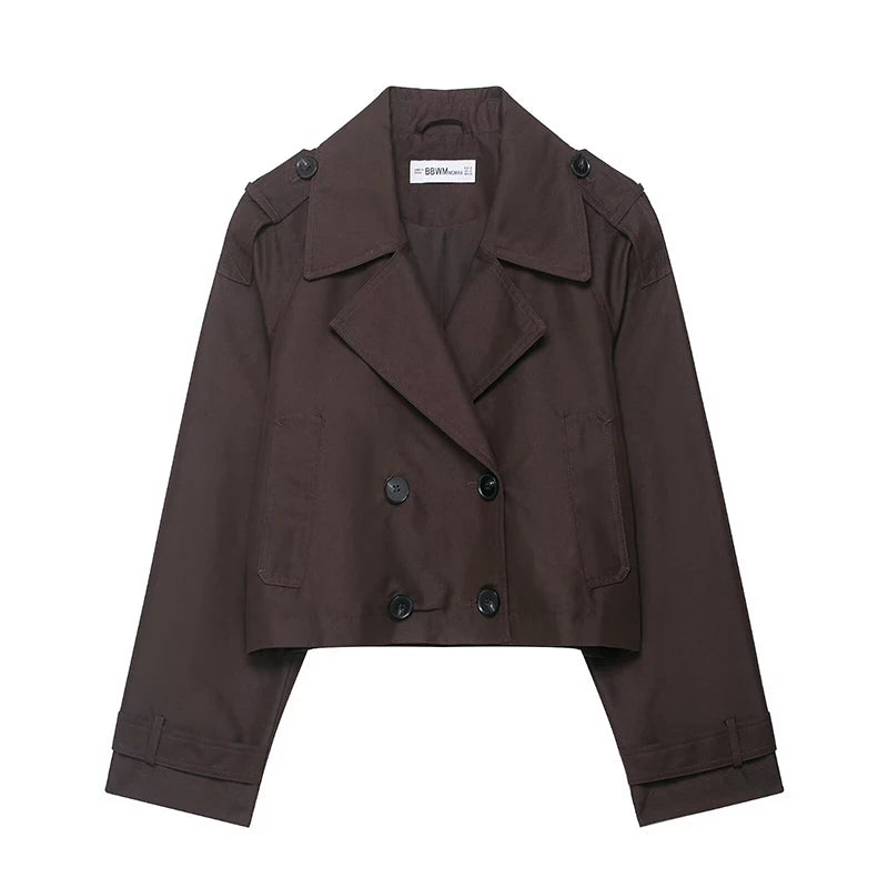 Women's Fashion Double Breasted Short Trench Coat Turn-down Collar Long Sleeve Coats Vintage Female Outerwear Chic Tops