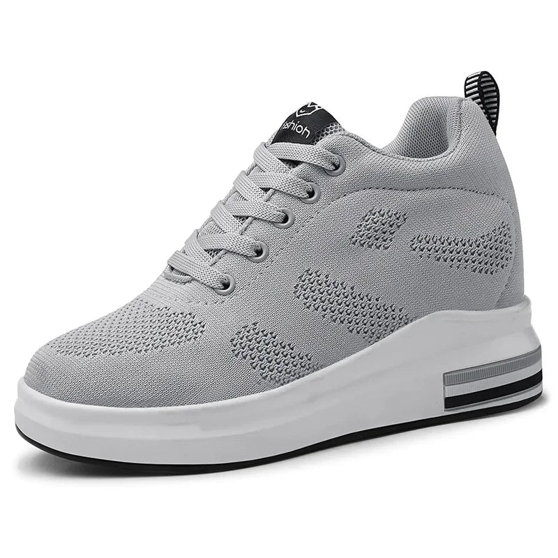 Casual Increase Women Shoes Mesh Comfortable Breathable Wedge Heels Fashion Contracted Lace Up Running Sneakers Tênis Branco