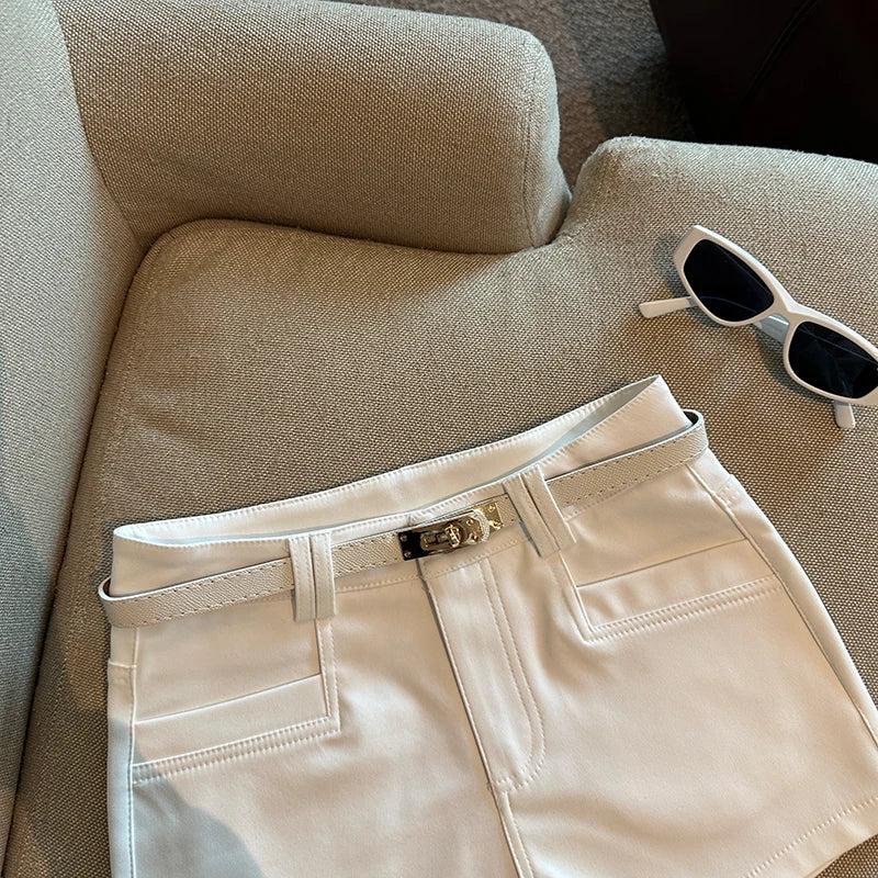 Autumn Black White Elegant Fashion Sexy Slim Short Pant Clothes Women Casual Beige Pockets High Waist Office Lady Shorts Simple