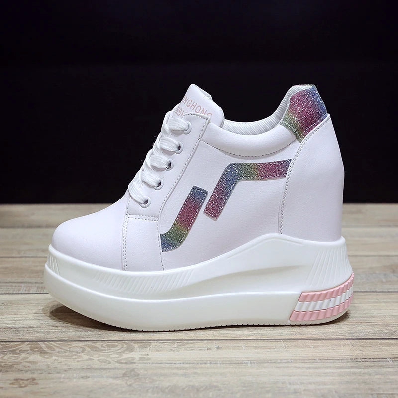 Women's Ankle Boots Autumn Leather Chunky Shoes Woman Platform Height Increased Sneakers 10.5CM Thick Sole Wedges White Boots