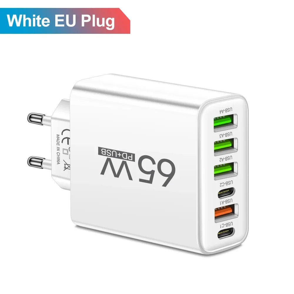 65W 6 in 1 USB Charger Type C Fast Charging Phone Wall Charger Adapter For iPhone Samsung Xiaomi Huawei EU/US Plug Quick Charger