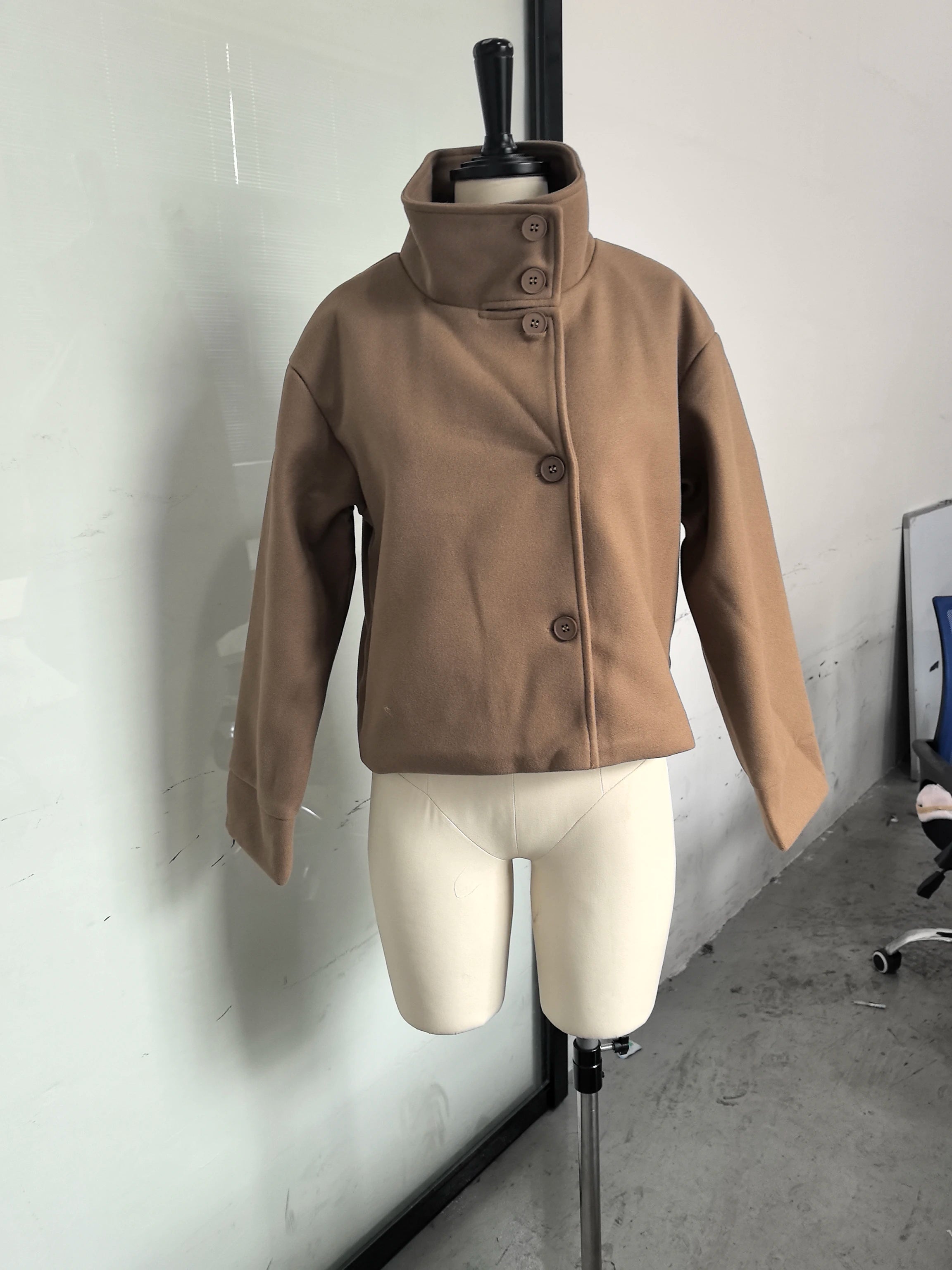 Stand Collar Women Spring Woolen Coats Single Breasted Loose Female Long Sleeve Jacket  Fashion Office Lady Street Short Coat