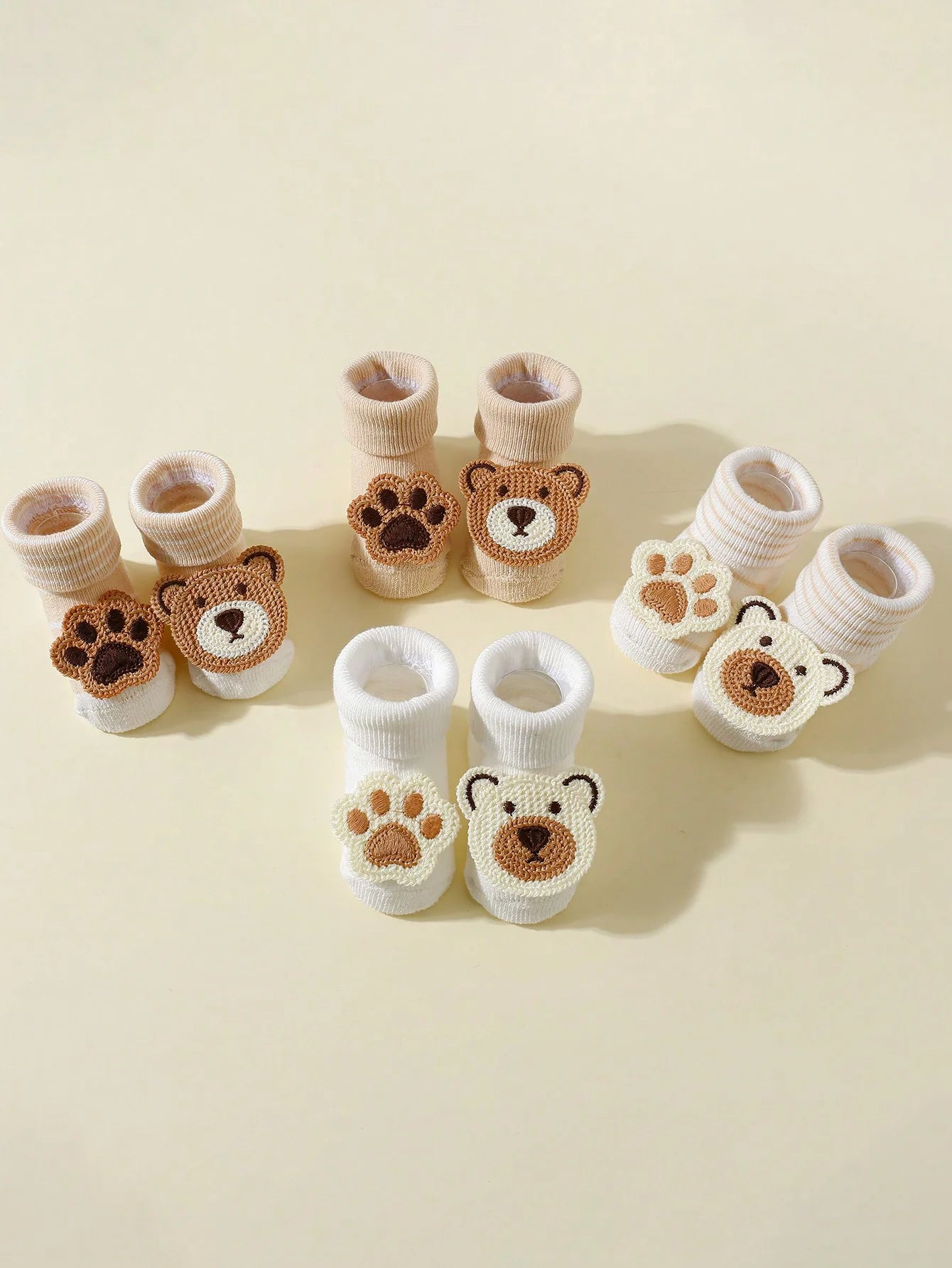 4 Pairs Baby Cute Cartoon Bear Socks, Baby Non-Slip Soft Cotton Socks Ankle Socks for 0-12 Month Newborn Toddler Boys and Girls