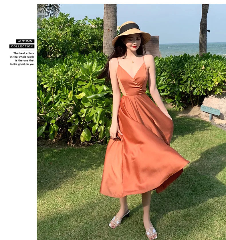 New ivory Caramel terracotta Auburn satin 120cm over knee spaghetti backless strap summer lady girl dress gown daily wear