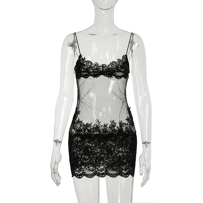 Shestyle Lace Transparent Mini Dress Sexy Women Wrapping Spaghetti Embroidery Flower Sheath Nightwear Club Mesh Wave Fantacy