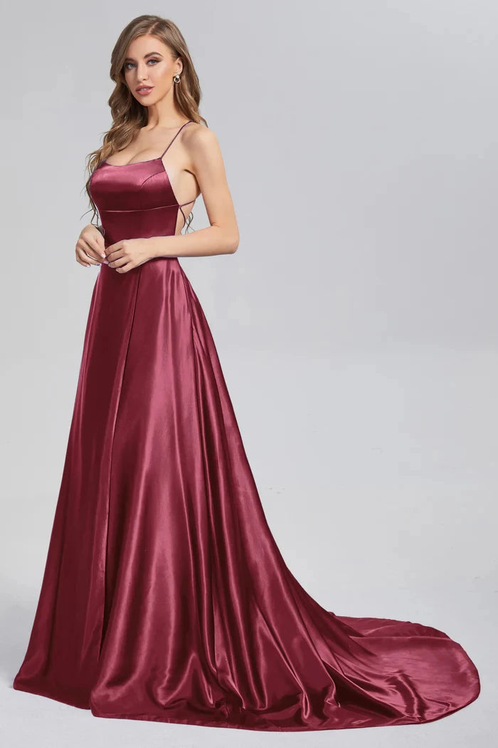 BABYONLINE Simple In Stock Soft Sliky Satin Bridesmaid Dresses Cowl Neck Tieing Thin Straps Leg Slit and Flowing A-line Dress