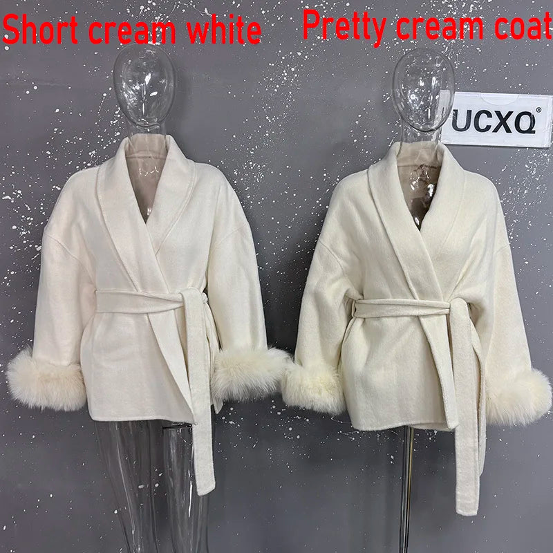 UCXQ Elegant OL Office Lady Overcoats Fur Patchwork Long Sleeve Woolen Coat Beautiful Women's Clothing Jacket Autumn 2025 Winter