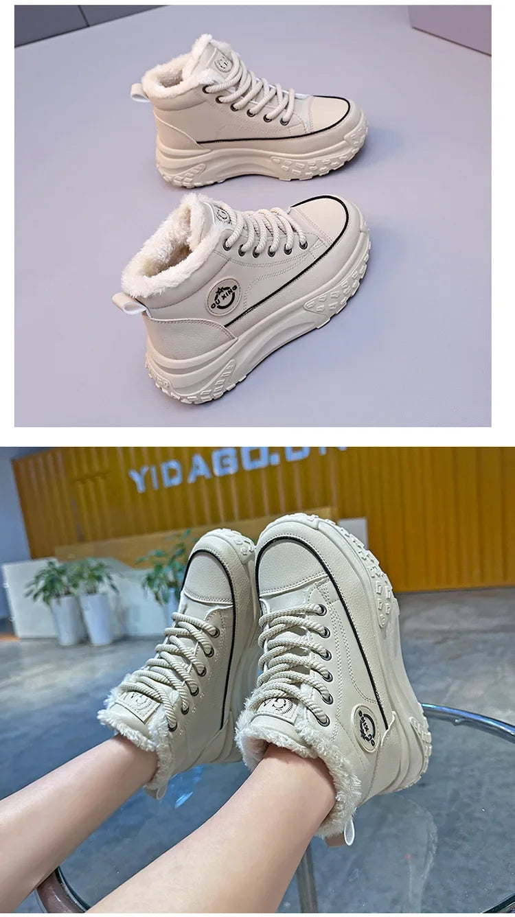 Women's Winter 2023 New Style Flat Boots Fleece Lined Thickened Warm Cotton Shoes High Top Little White Shoes Hx-q037