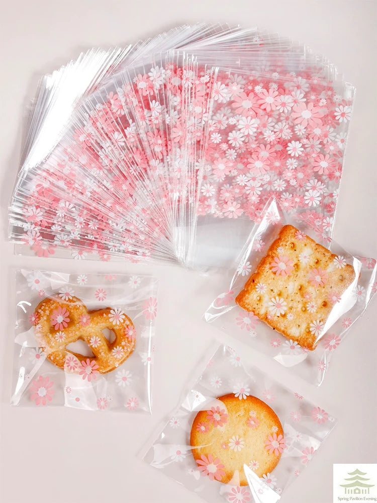 100pcs Plastic Packing Bags Flower Self-Adhesive Bags for Biscuits Candy Cookies Jewelry Gift Packaging