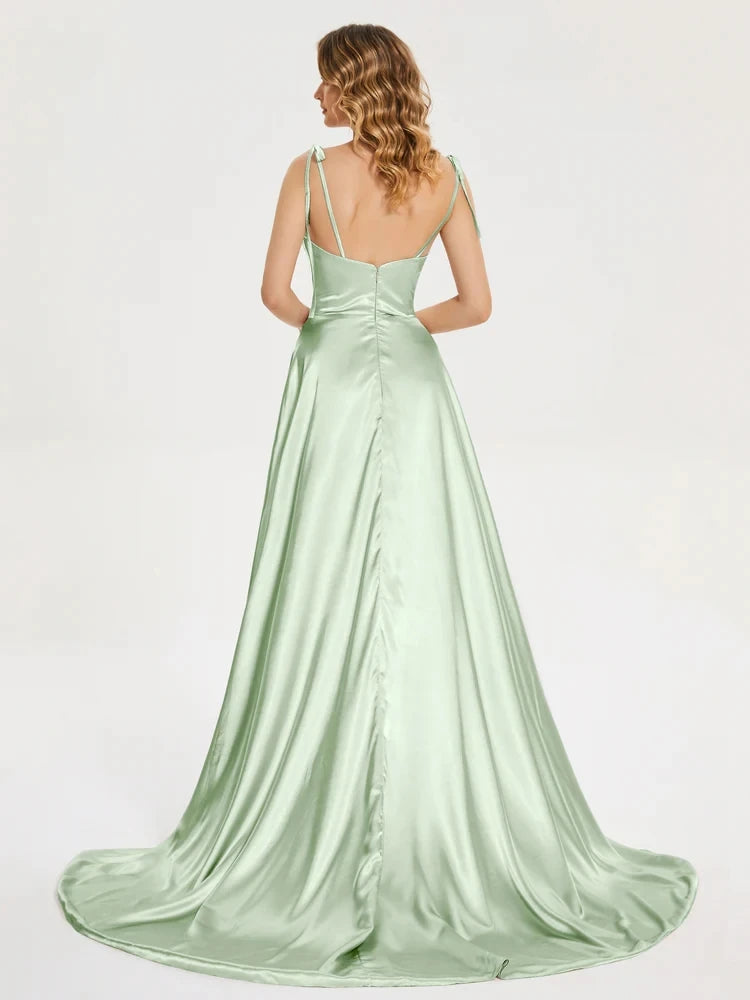 BABYONLINE Simple In Stock Soft Sliky Satin Bridesmaid Dresses Cowl Neck Tieing Thin Straps Leg Slit and Flowing A-line Dress
