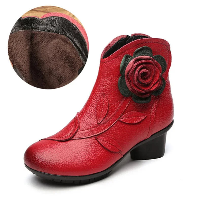 BEYARNE  Handmade Boots Flower Solid Color Womens Low Heel Genuine Leather Soft Short Boots Women Shoes Botas Mujer