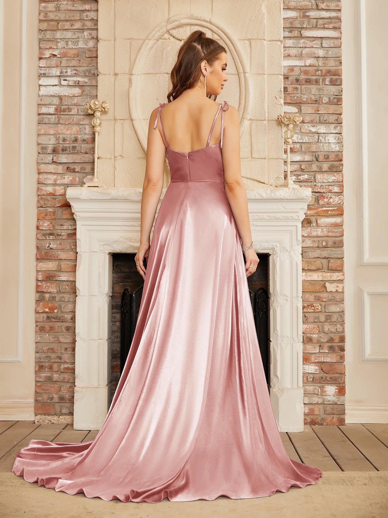 BABYONLINE Simple In Stock Soft Sliky Satin Bridesmaid Dresses Cowl Neck Tieing Thin Straps Leg Slit and Flowing A-line Dress