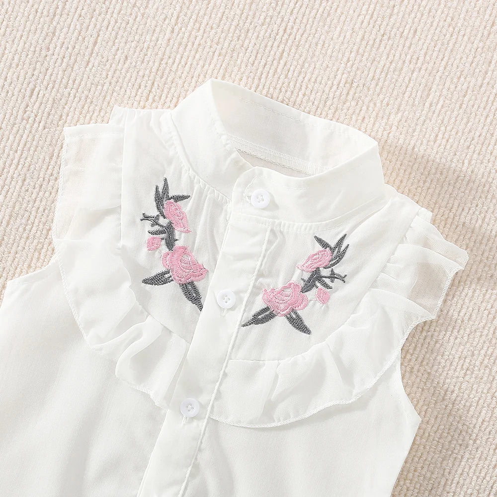 Girl Clothes Summer Floral Pattern Lapel Lace Trim Sleeveless Casual Children's Costume Cute Simple Girl Outfit