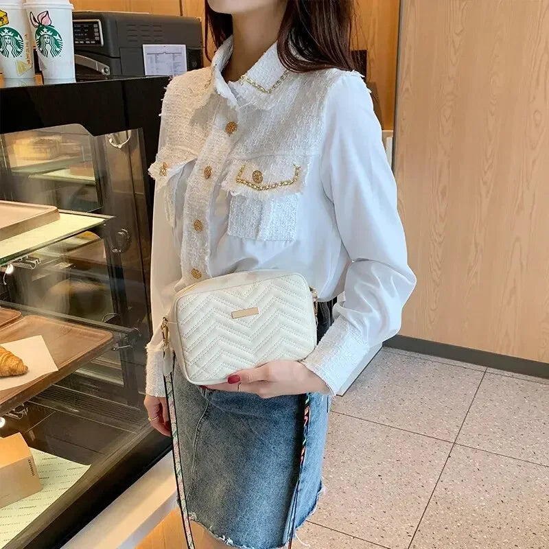 Embroidered PU Camera Bag, Small Square Shoulder Bag, Casual and Versatile