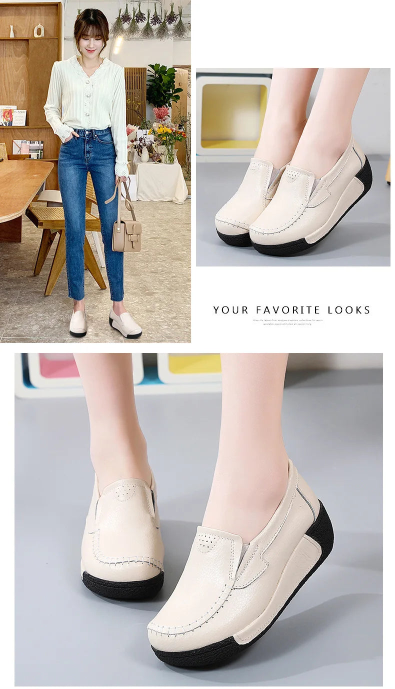 2022 Spring Autumn Women Flats Platform Loafers Ladies Genuine Leather Comfort Wedge Moccasins Orthopedic Slip On Casual Shoes