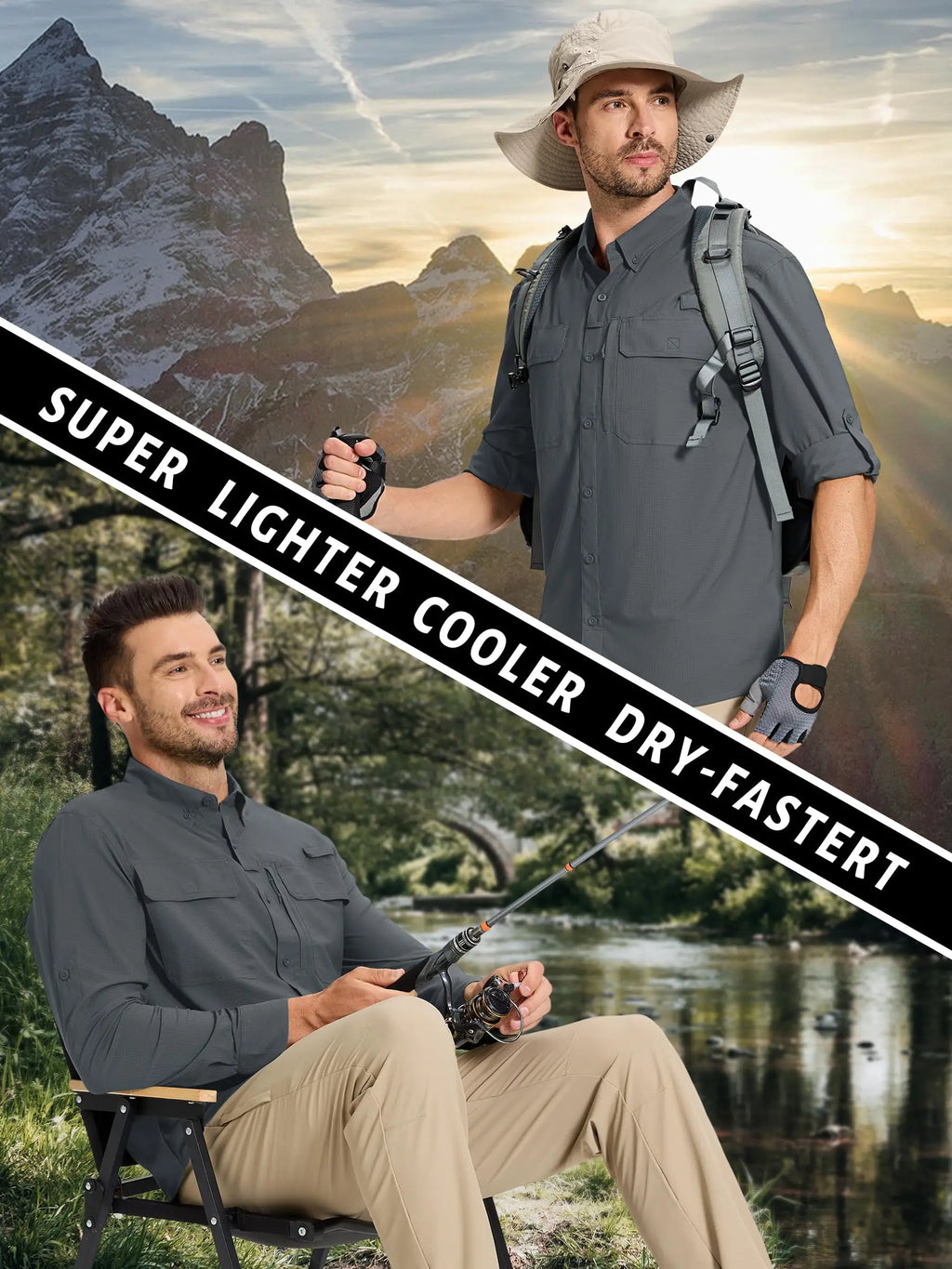 TACVASEN UPF 50+ Sun Protection Fishing Shirts Men's Quick Dry Long Sleeve Shirts Mesh Breathable Hiking Work Cargo Shirts