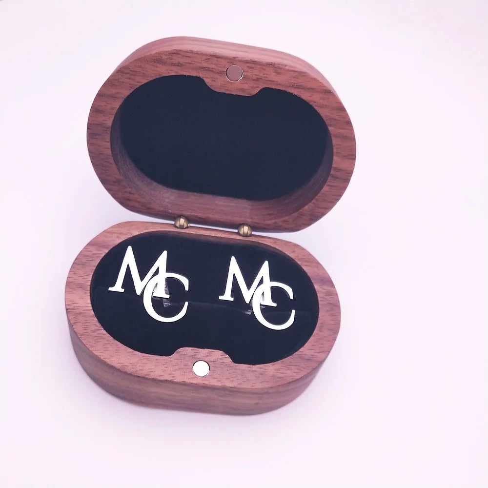 Tangula Custom Men's Stainless Steel Cufflinks For Groom Initials Cufflinks With Oak Gift Box Wedding Bridegroom Jewelry Gift