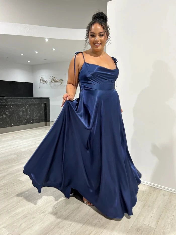 BABYONLINE Simple In Stock Soft Sliky Satin Bridesmaid Dresses Cowl Neck Tieing Thin Straps Leg Slit and Flowing A-line Dress