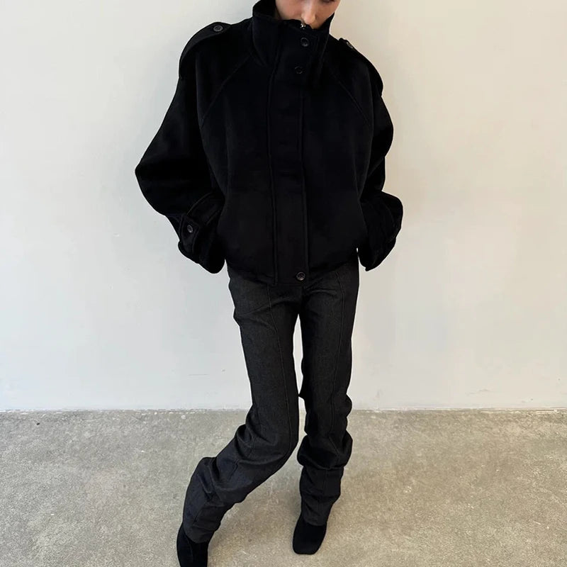 Stand Collar Women Spring Woolen Coats Single Breasted Loose Female Long Sleeve Jacket  Fashion Office Lady Street Short Coat