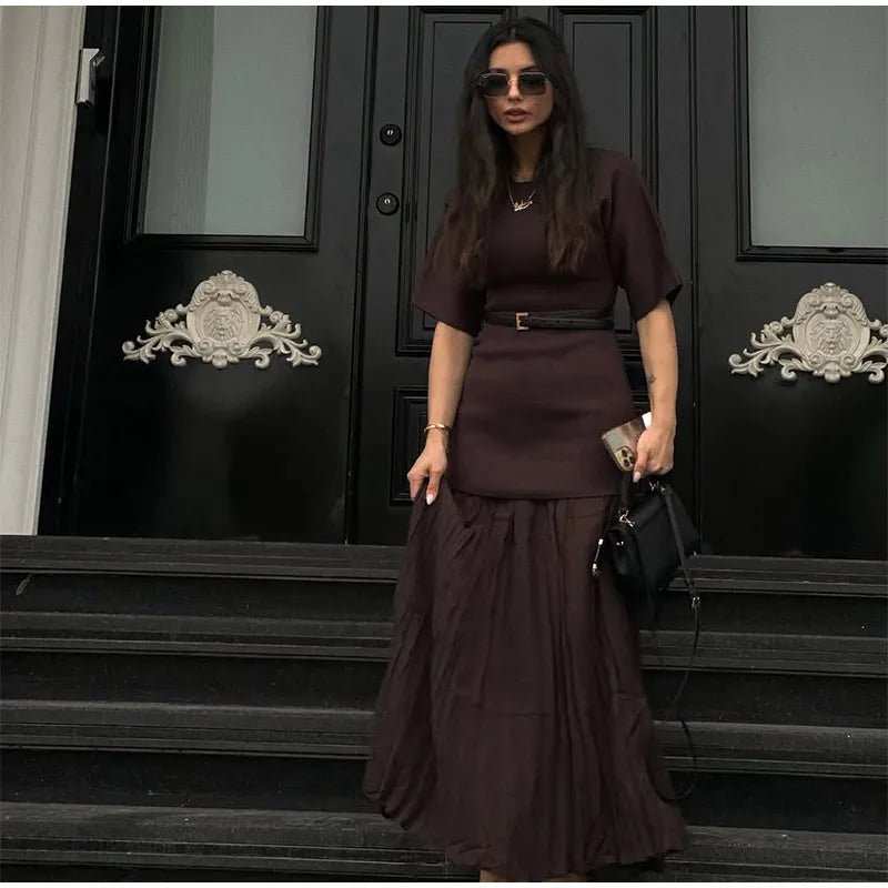2025 Chic Splicing Brown Half Sleeve Maxi Dress Women's Casual Pleated A-line Slim Vestidos Female Office Commute Street Robes