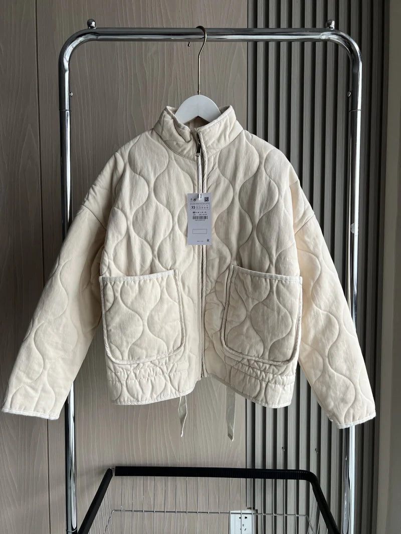 Women's Polyester Padded Jacket 2026New Arrival Vintage Lenzing Rayon High Collar Large Pocket Decorative Quilted Coat for Women