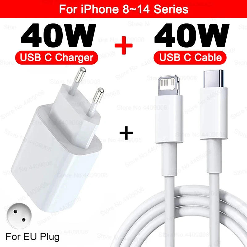 US EU Adapter PD 40W Fast Charger For Apple iPhone 15 13 12 11 14 17 16 Pro Max Type C Charger Charging Cable Phone Accessories
