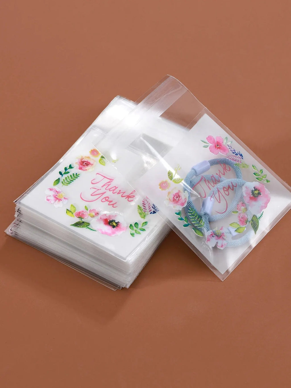 100pcs Colourful Flowers THANK YOU Self-adhesive Bag Plastic Pouches for DIY Jewelry Display Cookies Storage Gifts Bag Wholesale