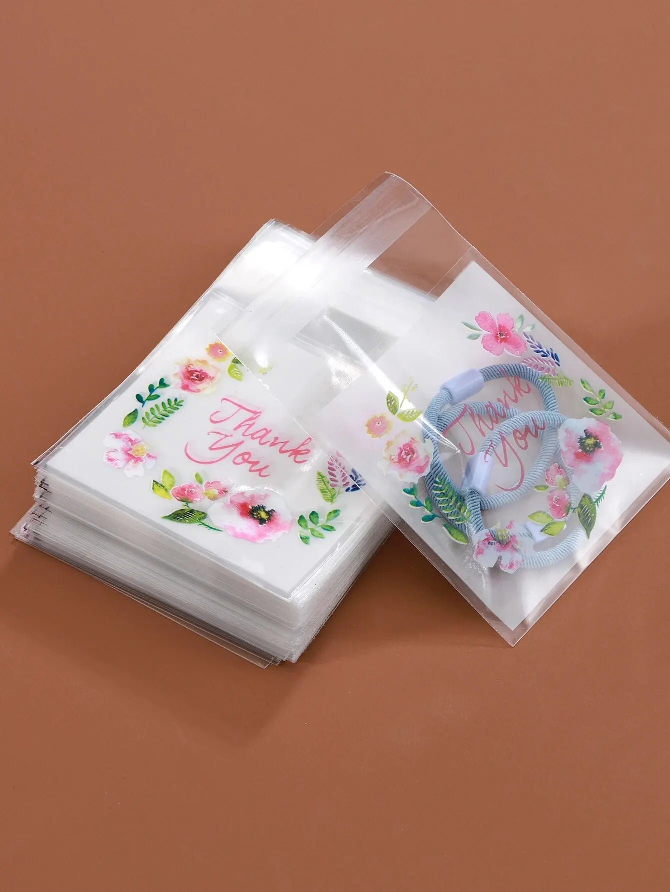 100pcs Colourful Flowers THANK YOU Self-adhesive Bag Plastic Pouches for DIY Jewelry Display Cookies Storage Gifts Bag Wholesale