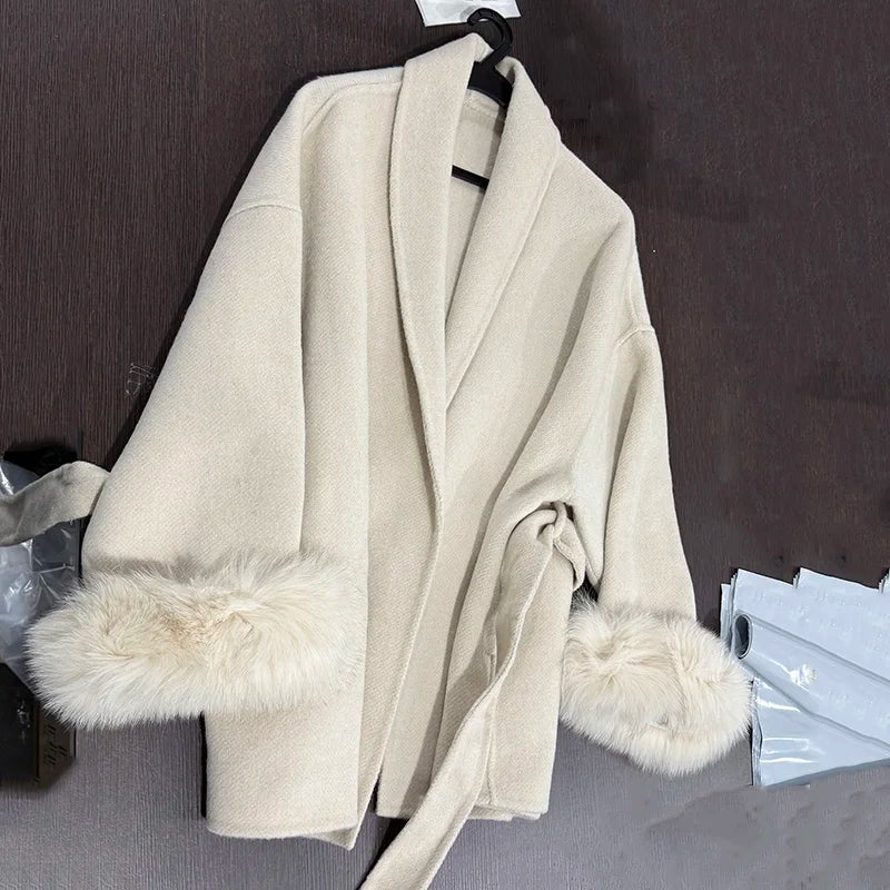 UCXQ Elegant OL Office Lady Overcoats Fur Patchwork Long Sleeve Woolen Coat Beautiful Women's Clothing Jacket Autumn 2025 Winter
