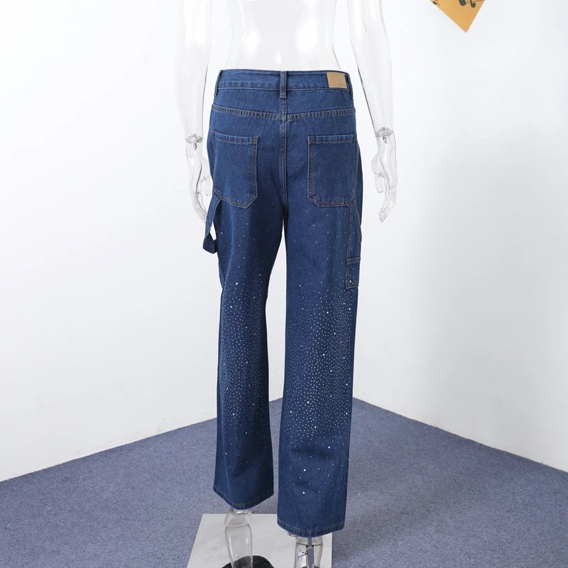 Shiny Rhinestone Baggy Women's Wide Leg Jeans Full Diamond Wide Leg Dragging Denim Pants Vintage Washed Pants Casual Trousers