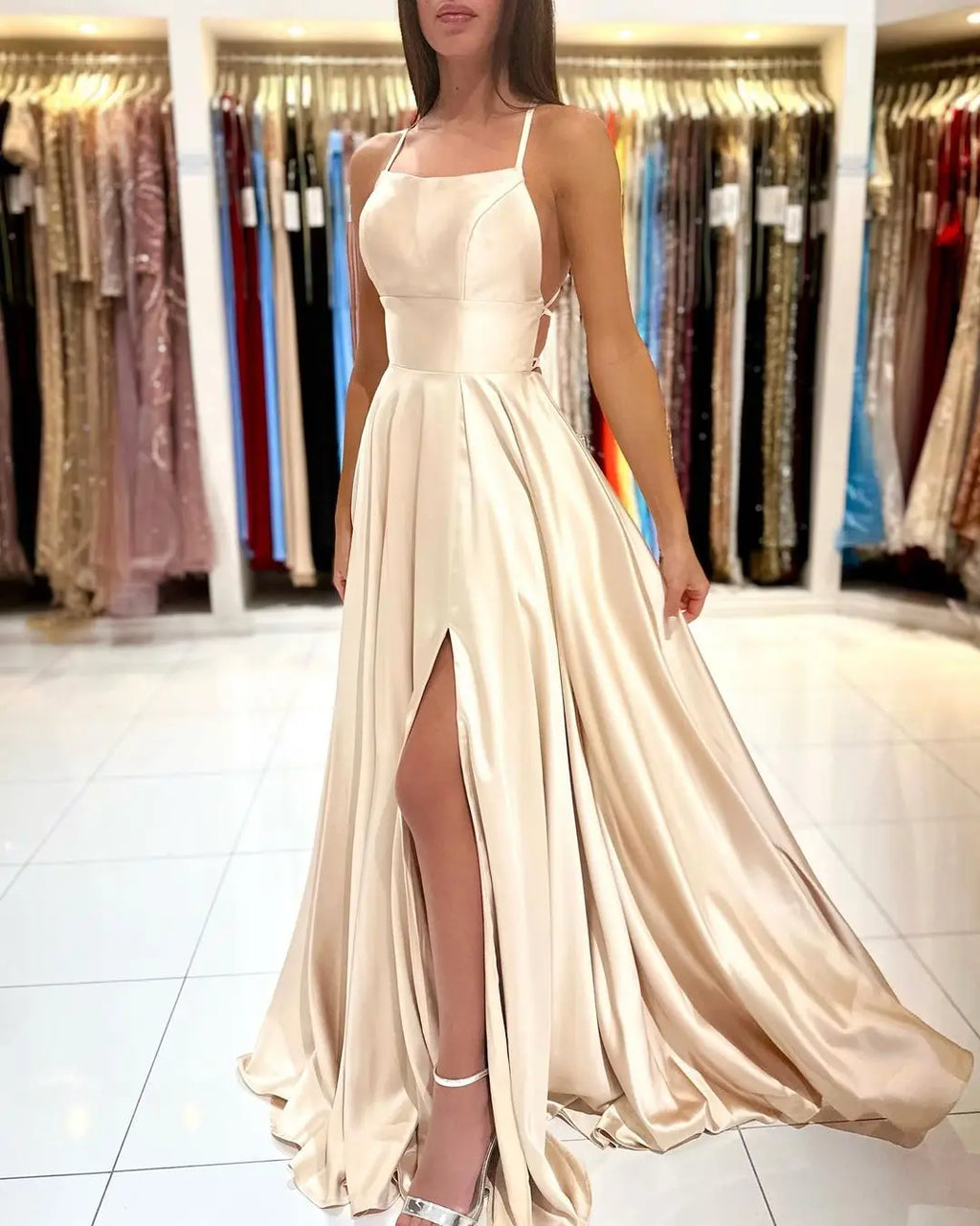 BABYONLINE Simple In Stock Soft Sliky Satin Bridesmaid Dresses Cowl Neck Tieing Thin Straps Leg Slit and Flowing A-line Dress