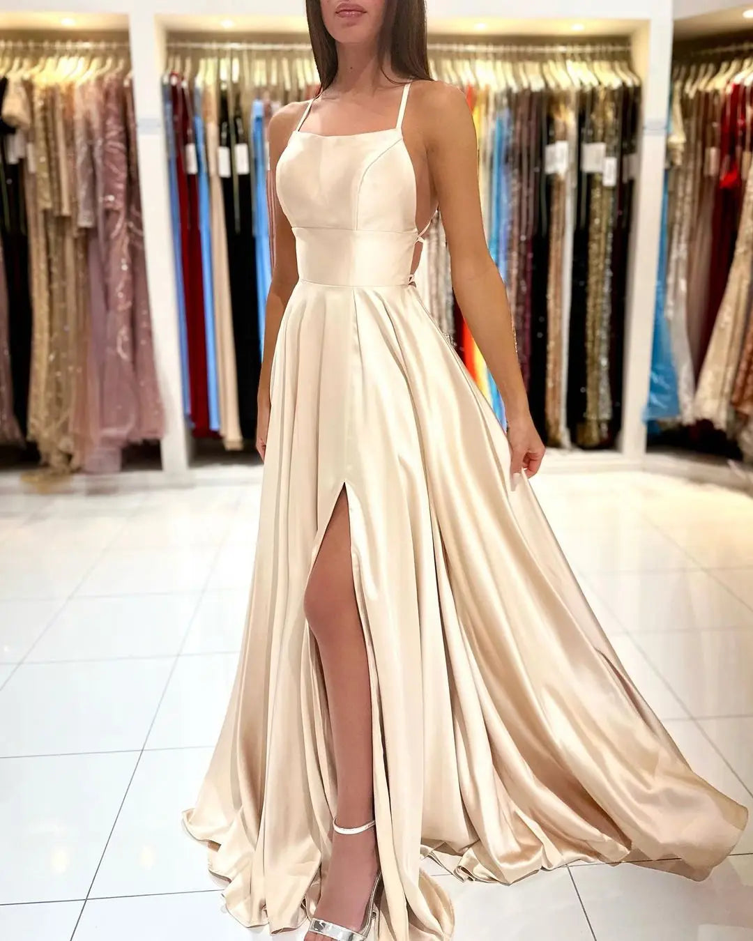 BABYONLINE Simple In Stock Soft Sliky Satin Bridesmaid Dresses Cowl Neck Tieing Thin Straps Leg Slit and Flowing A-line Dress