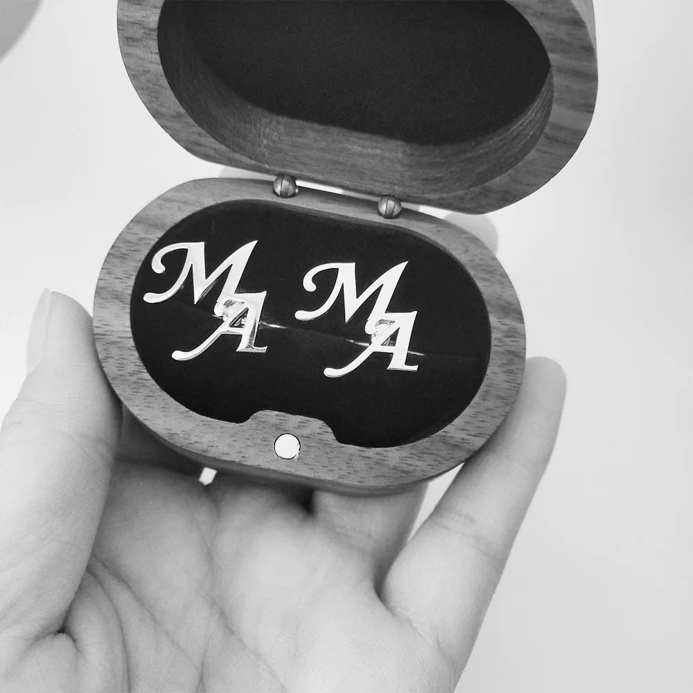 Tangula Custom Men's Stainless Steel Cufflinks For Groom Initials Cufflinks With Oak Gift Box Wedding Bridegroom Jewelry Gift
